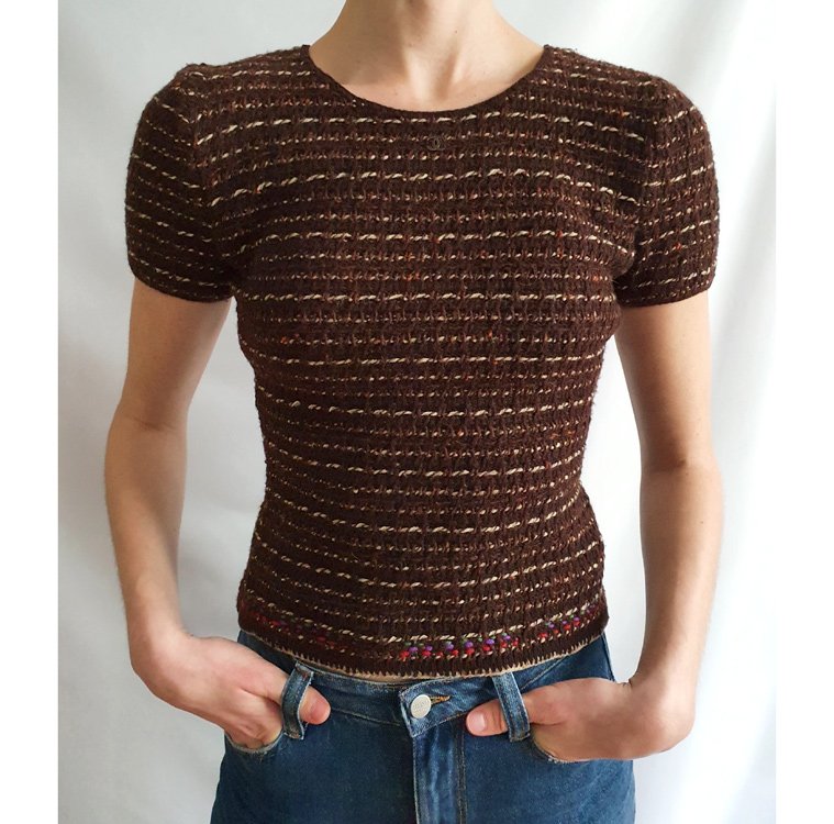 Vintage brown Chanel top, cashmere and wool knitted tweed style, size 34/36  FR (XS/S), fall 1996 ‣ For Sure Vintage